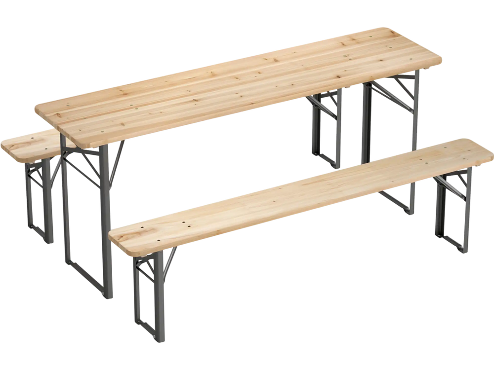 Folding picnic table set with fir wood surface and metal frame, seating 6 for outdoor gatherings in patio or garden.
