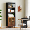 70-inch black 5-tier bookshelf with adjustable shelves and sliding doors, perfect for living rooms and studies.