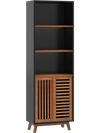 70-inch 5-tier bookshelf in black with a reversible lower shelf and smooth-gliding sliding doors for versatile storage.