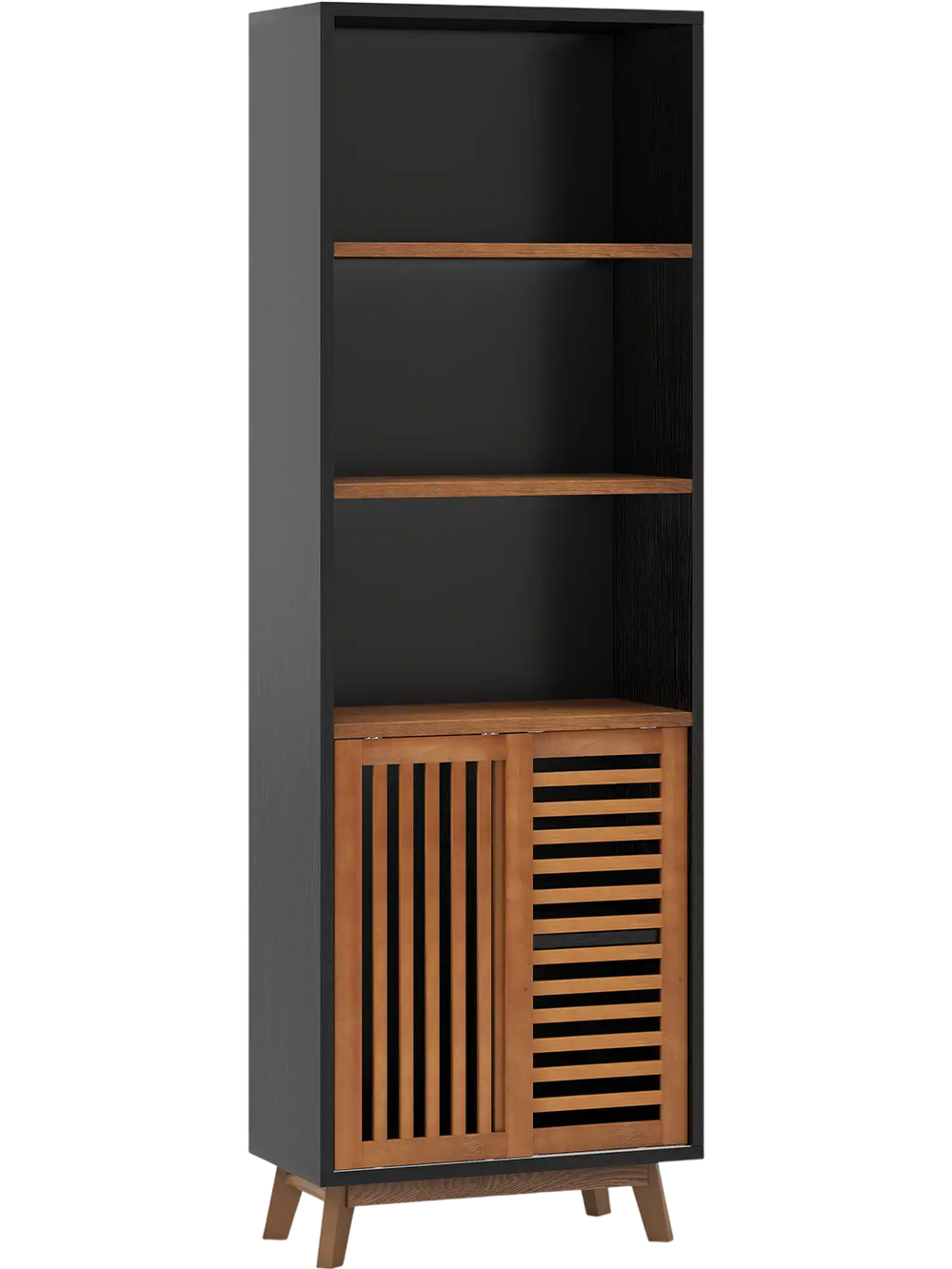 70-inch 5-tier bookshelf in black with a reversible lower shelf and smooth-gliding sliding doors for versatile storage.