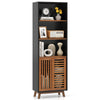Close-up view of the 70-inch black 5-tier bookshelf showcasing the sliding doors and wooden accents for stylish storage.