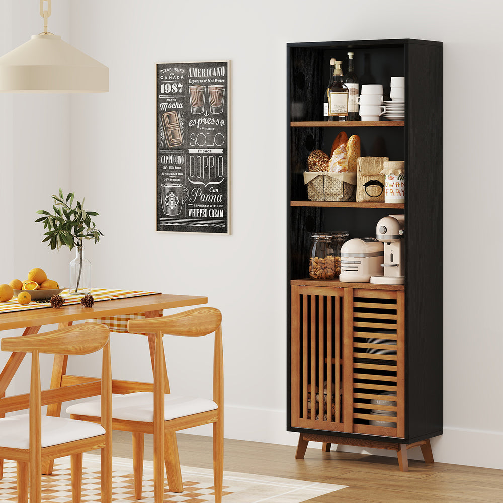 70-inch black 5-tier bookshelf with adjustable shelves and sliding doors, perfect for living rooms or studies.