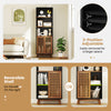 70-inch black 5-tier bookshelf with adjustable reversible shelf and sliding doors, perfect for living rooms and studies.