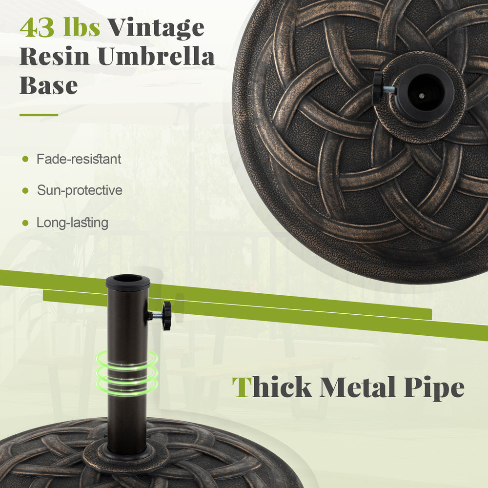 Thick metal pipe of a 43 lbs vintage resin umbrella base, fade-resistant and sun-protective for outdoor dining setups.