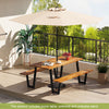 Outdoor dining table set for 6 with acacia wood, 10-foot adjustable umbrella, and sturdy metal base on a patio.