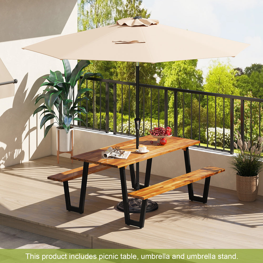 Outdoor dining table set for 6 with acacia wood, 10-foot adjustable umbrella, and sturdy metal base on a patio.