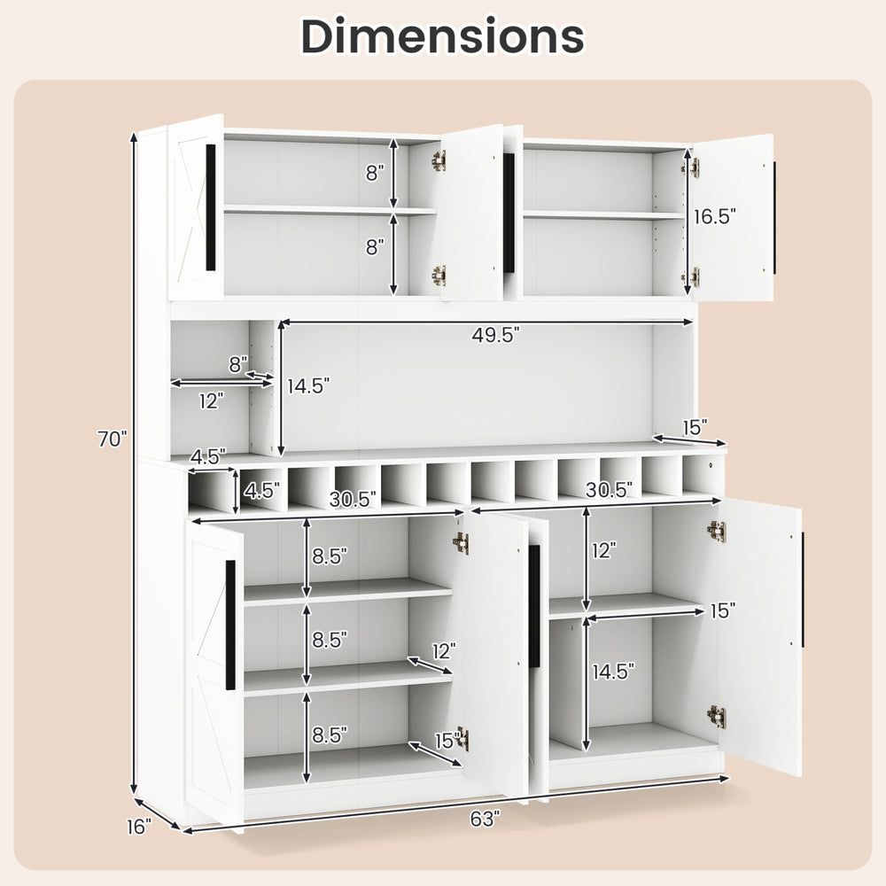70-inch farmhouse pantry cabinet dimensions with 4 cabinets, 2 open shelves, and a wine rack for versatile storage.