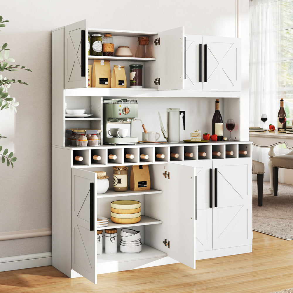 70-inch farmhouse pantry cabinet in white with 4 cabinets, 2 open shelves, and a 12-bottle wine rack for stylish.