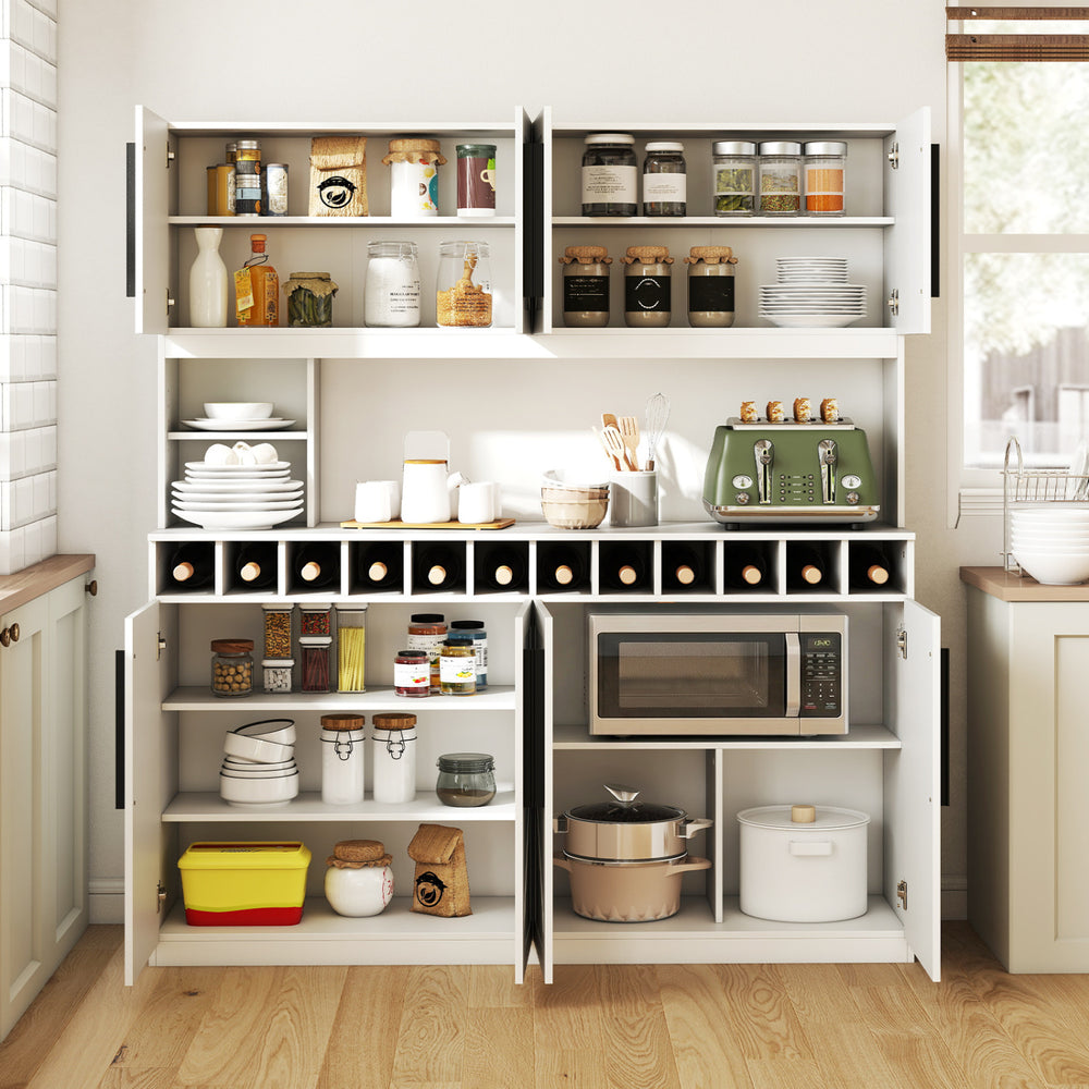 Farmhouse pantry cabinet with 4 cabinets, 2 open shelves, and a 12-bottle wine rack for kitchen or dining room storage.