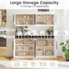 70-inch farmhouse pantry cabinet with 4 cabinets, 2 open shelves, and a 12-bottle wine rack for stylish kitchen storage.