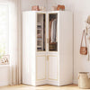 L-shaped white armoire closet with gold accents features adjustable shelves and a sturdy hanging rod for versatile storage.