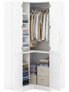 L-shaped white armoire closet features adjustable shelves, hanging rod, and ample storage for clothes and accessories.