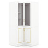 L-shaped white armoire closet with gold accents, featuring adjustable shelves and a sturdy hanging rod for versatile storage.