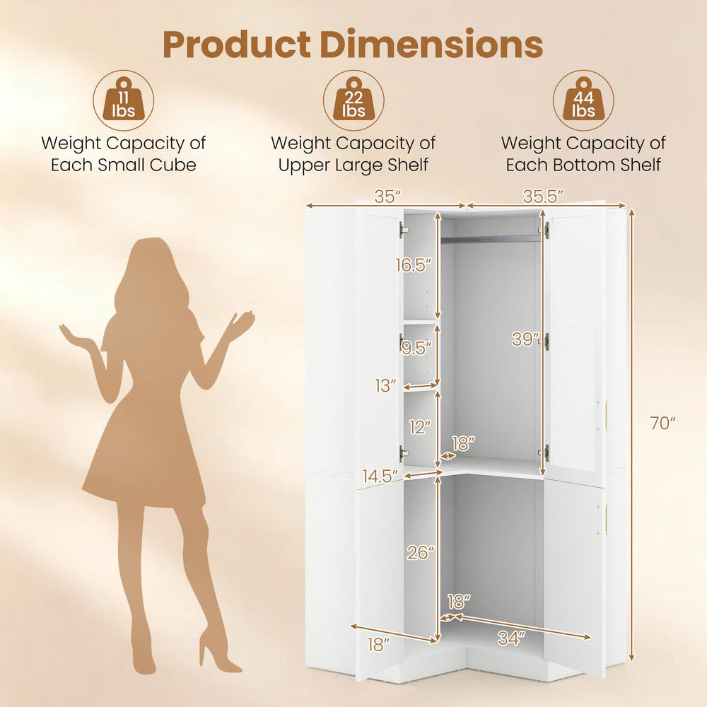 L-shaped 70-inch white armoire closet features adjustable shelves and a sturdy hanging rod for versatile storage solutions.