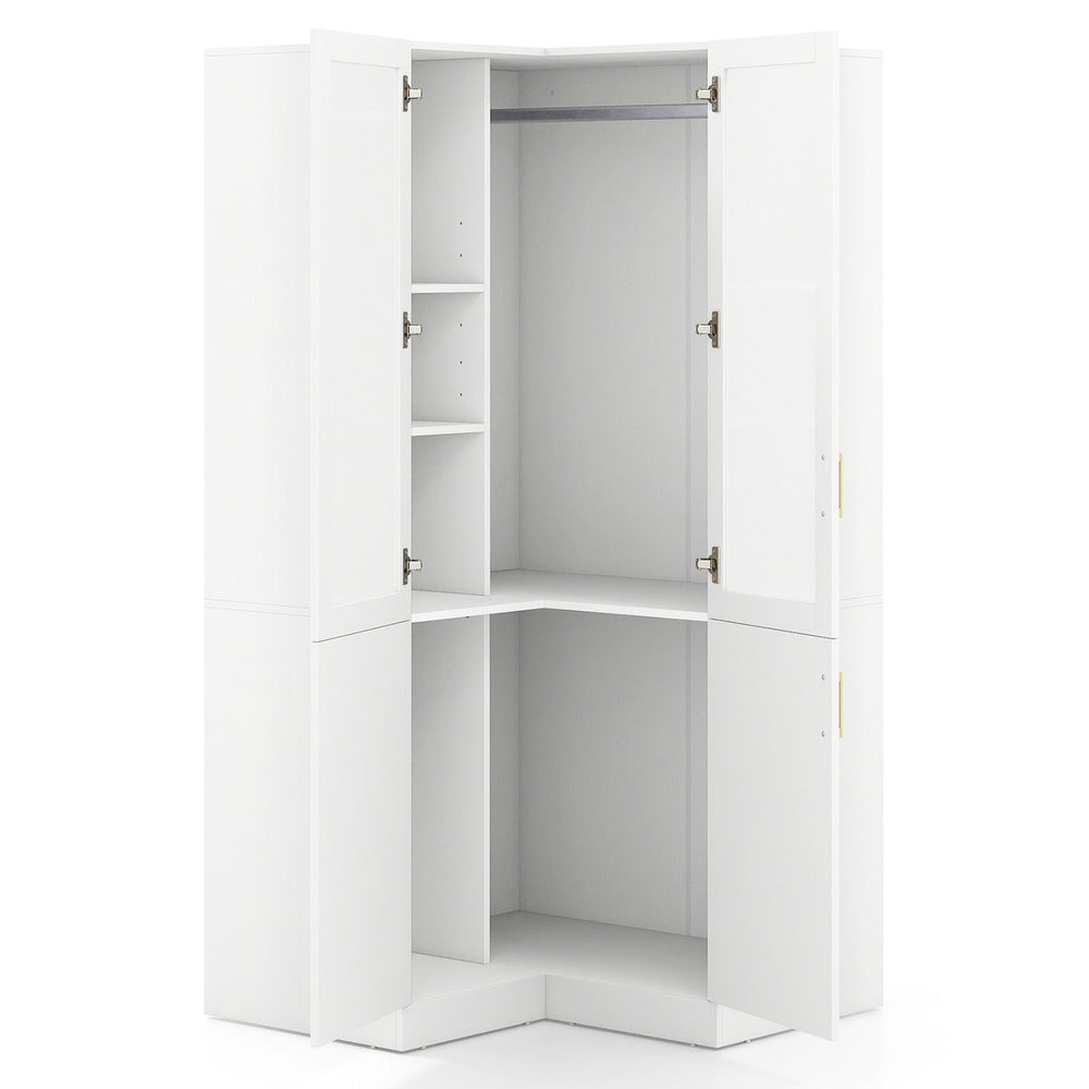 L-shaped white armoire closet with adjustable shelves, hanging rod, and compact design for corner spaces in any room.
