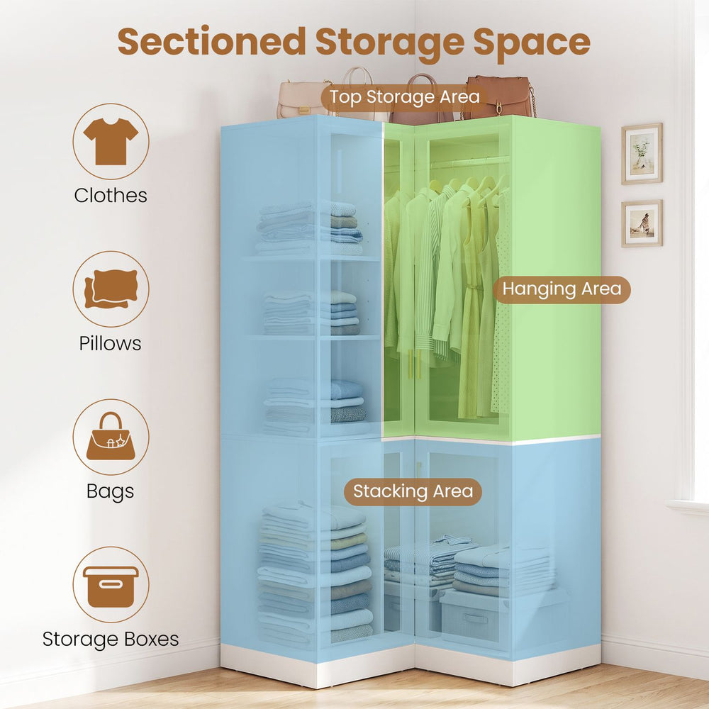 L-shaped 70-inch white armoire closet with hanging rod, top storage, and adjustable shelves for organized clothing and accessories.