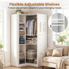L-shaped white armoire closet features 7 adjustable shelves and a hanging rod, perfect for organizing clothes and accessories.