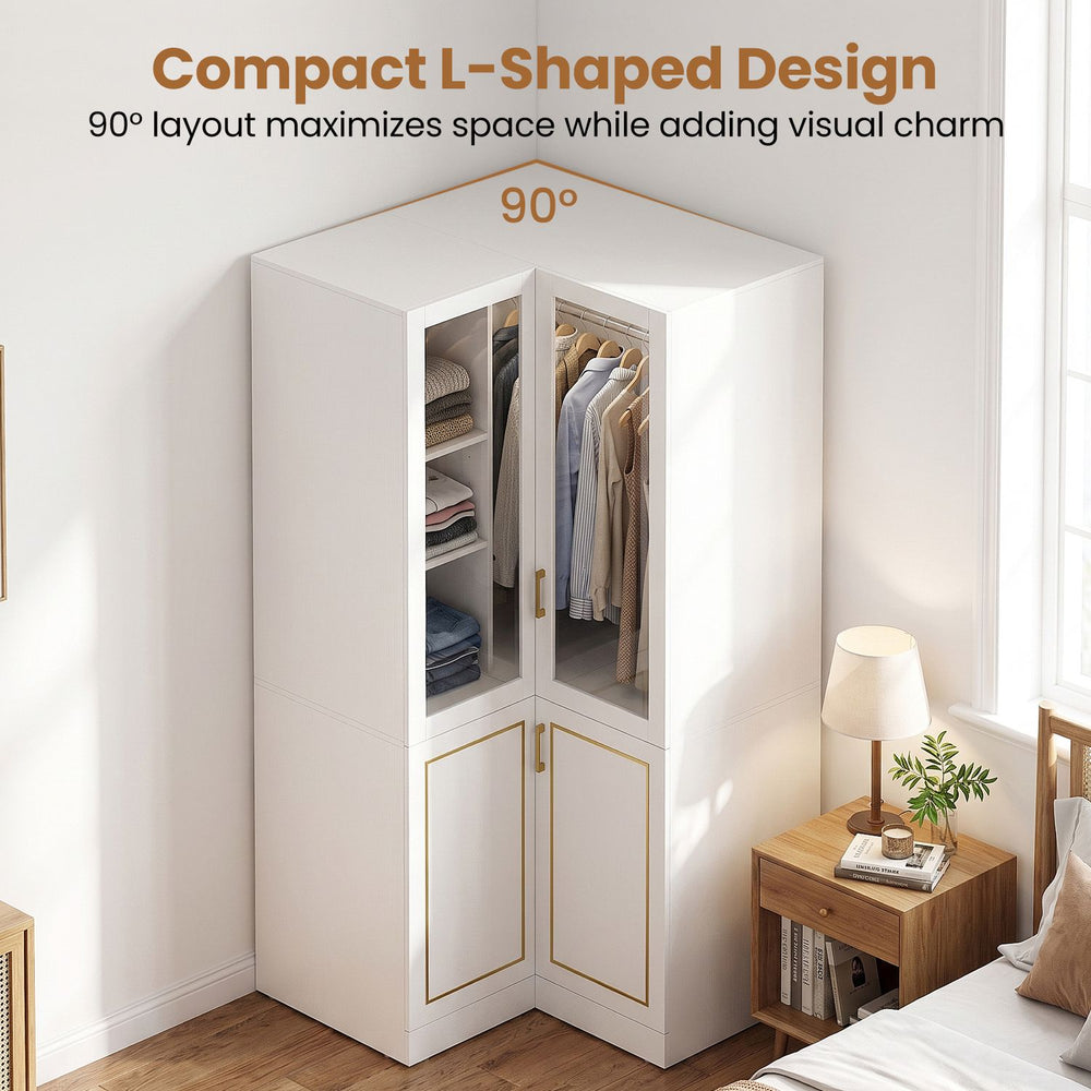 L-shaped 70-inch armoire closet in white features adjustable shelves and a sturdy hanging rod for efficient storage.