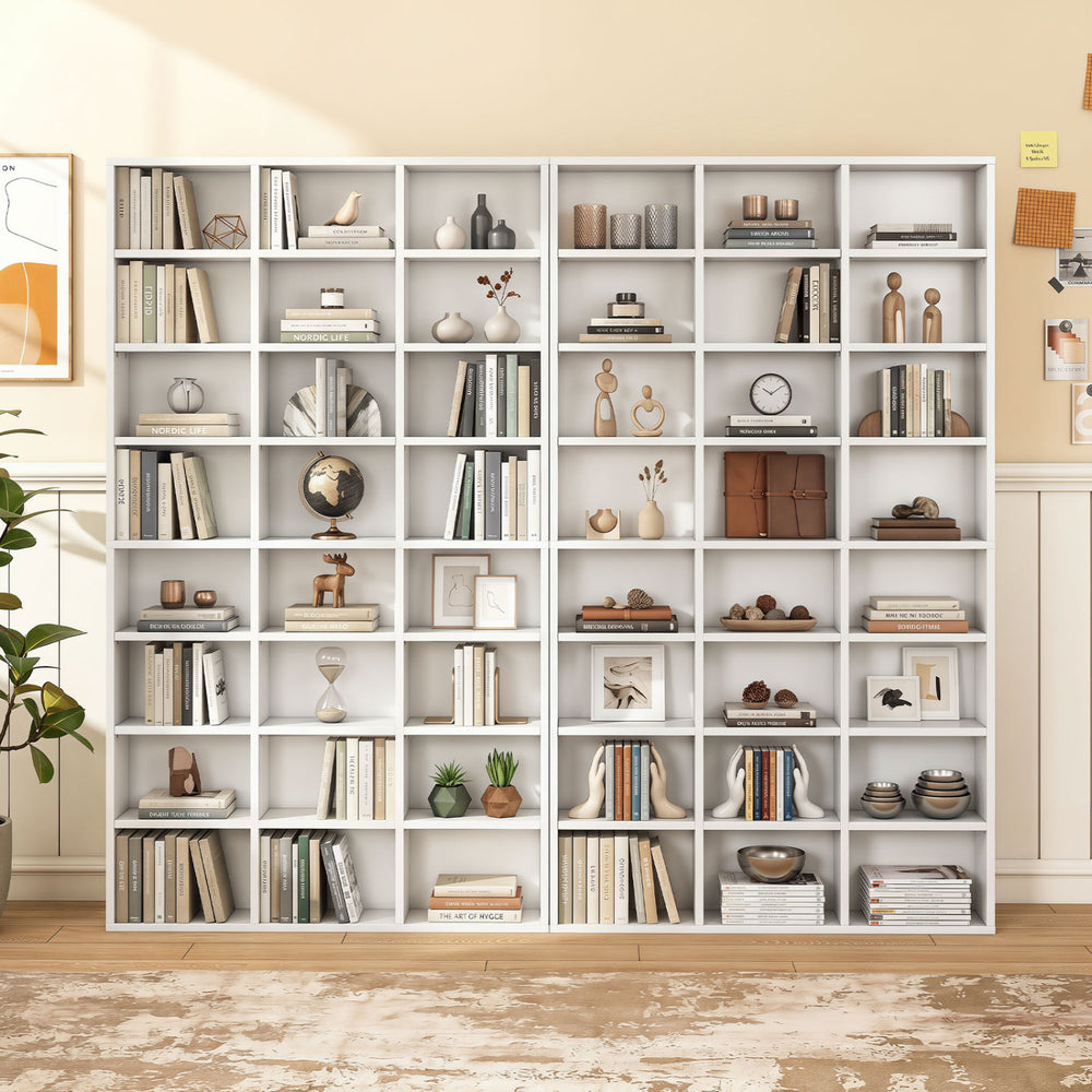 70-inch tall bookshelf showcasing 24 open compartments and a sleek white finish, ideal for organized storage in narrow spaces.