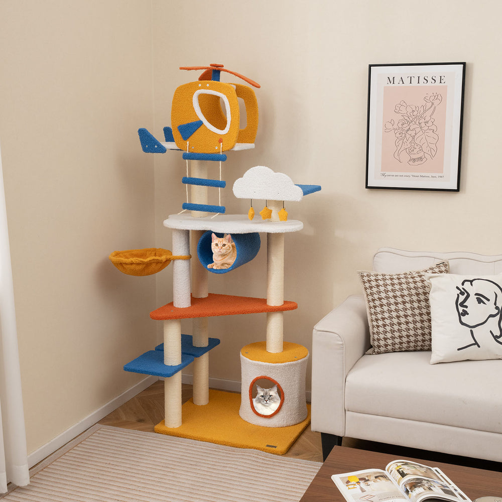 Aviation-themed cat tree with helicopter perch, cozy condo, and multiple platforms for climbing and scratching.