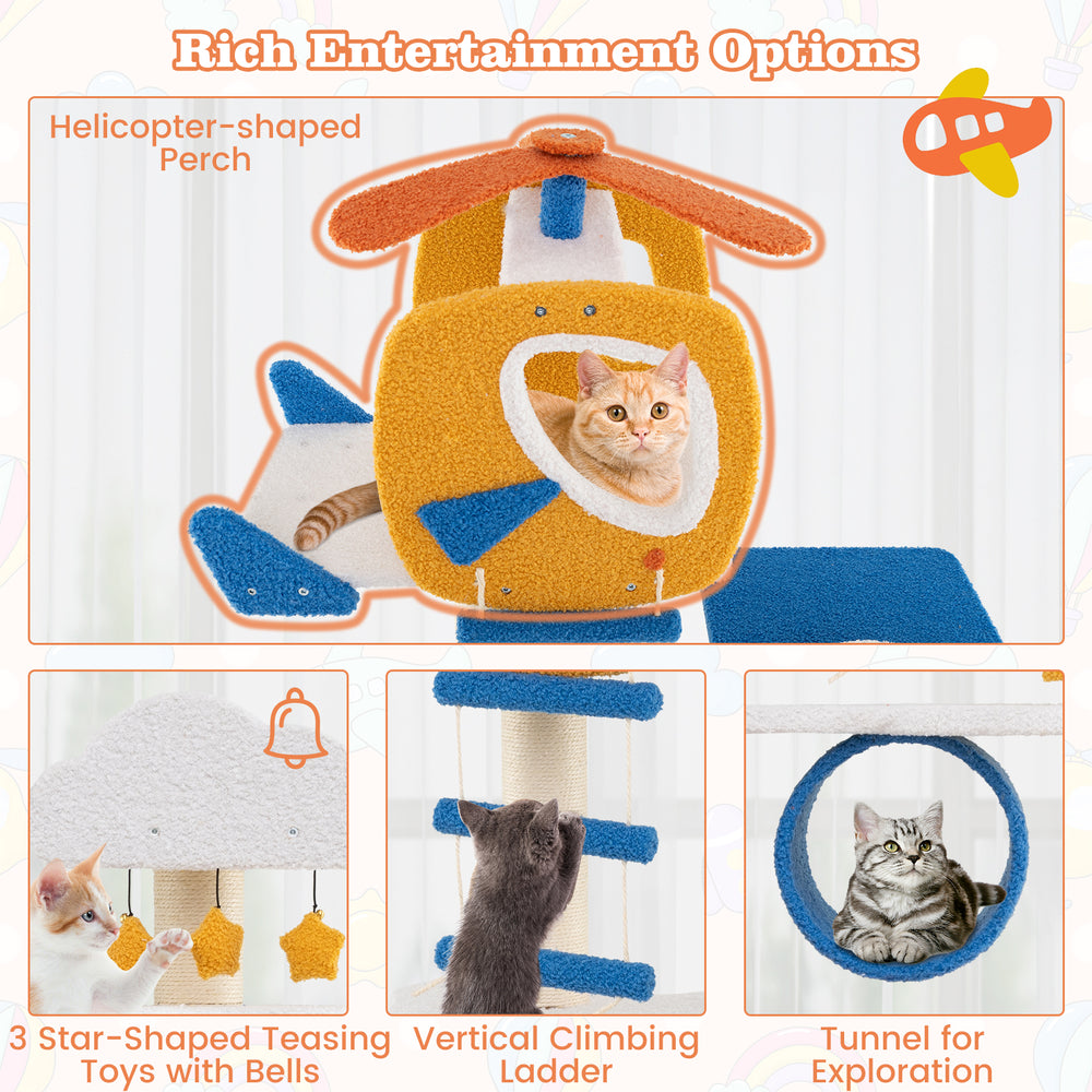 Aviation-themed cat tree with helicopter perch, climbing ladder, and star-shaped teasing toys for multi-level fun.