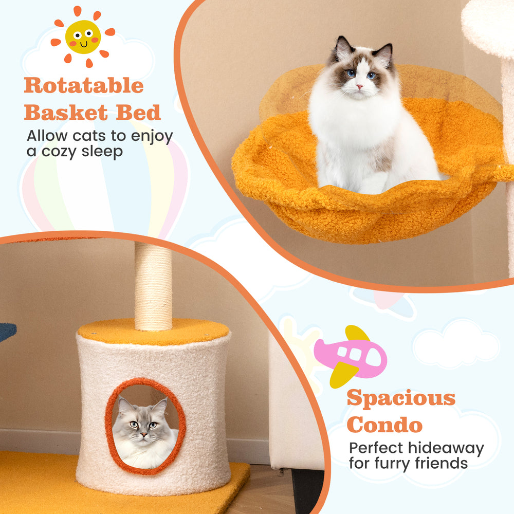 Rotatable basket bed and spacious condo on a 70-inch aviation-themed cat tree for cozy naps and exploration.