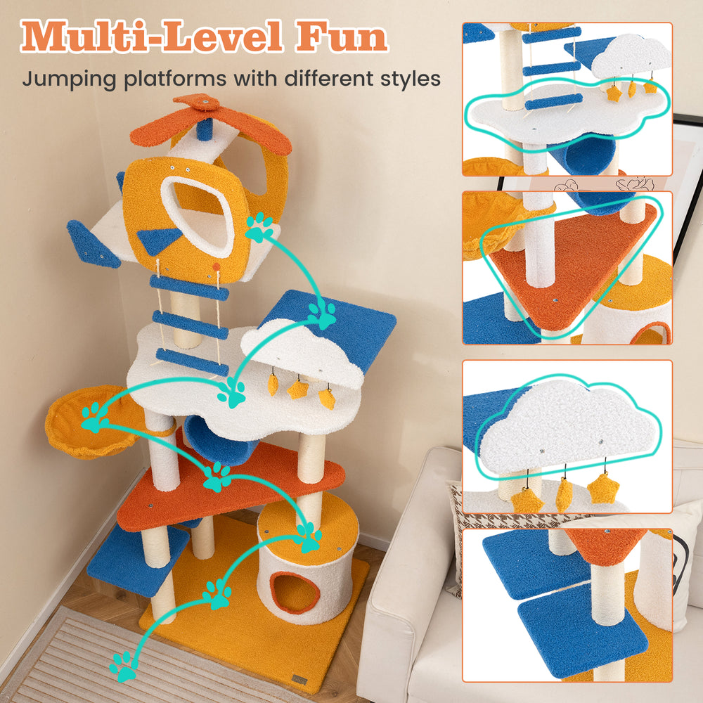Aviation-themed cat tree with helicopter perch, multi-level platforms, and cozy condo for playful cats.