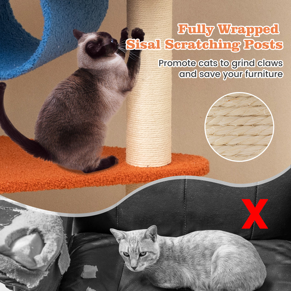 Sisal scratching post on a cat tree, promoting claw grinding and protecting furniture, ideal for multi-level cat fun.