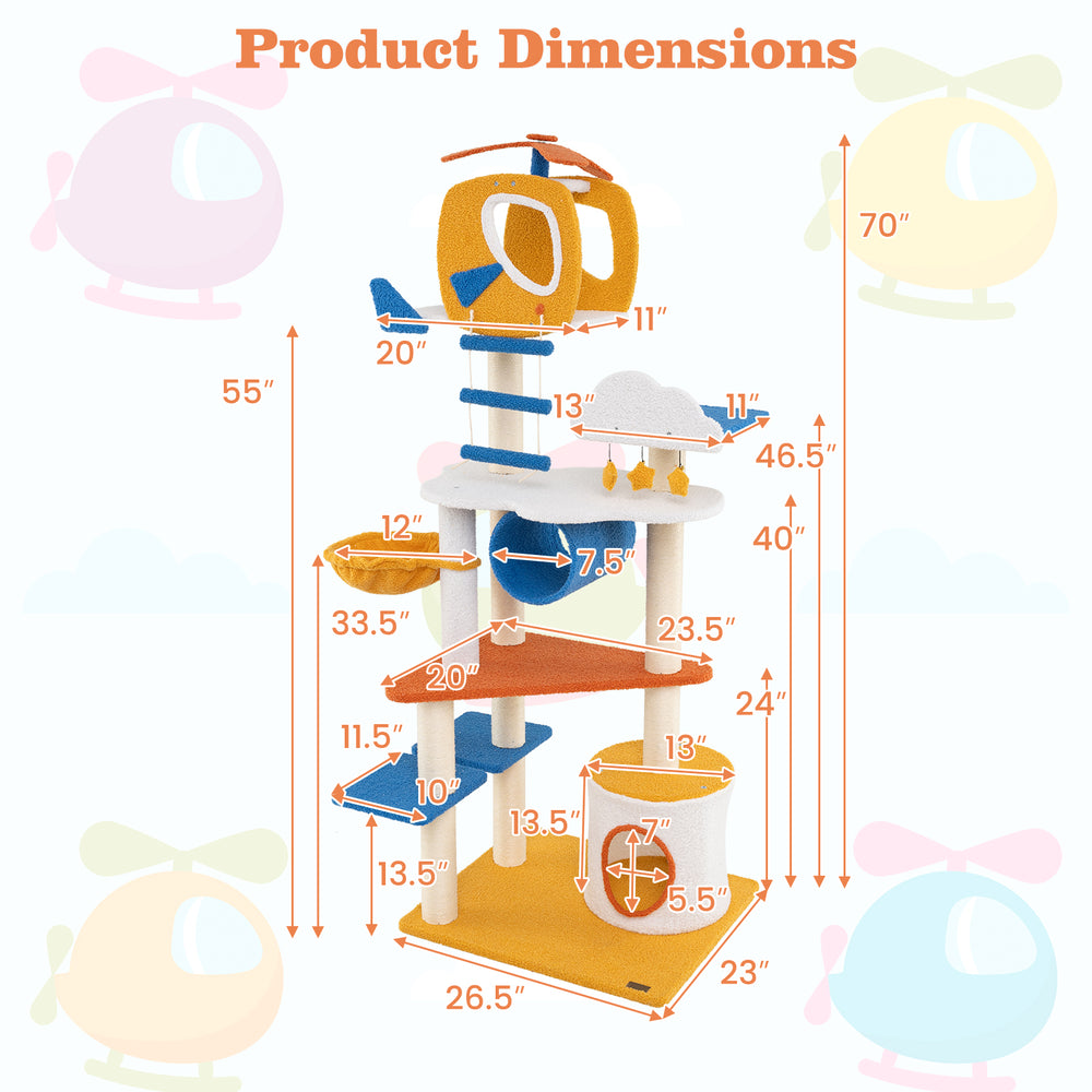 Aviation-themed cat tree dimensions showing a 70-inch tall design with helicopter perch and multiple platforms for cats.