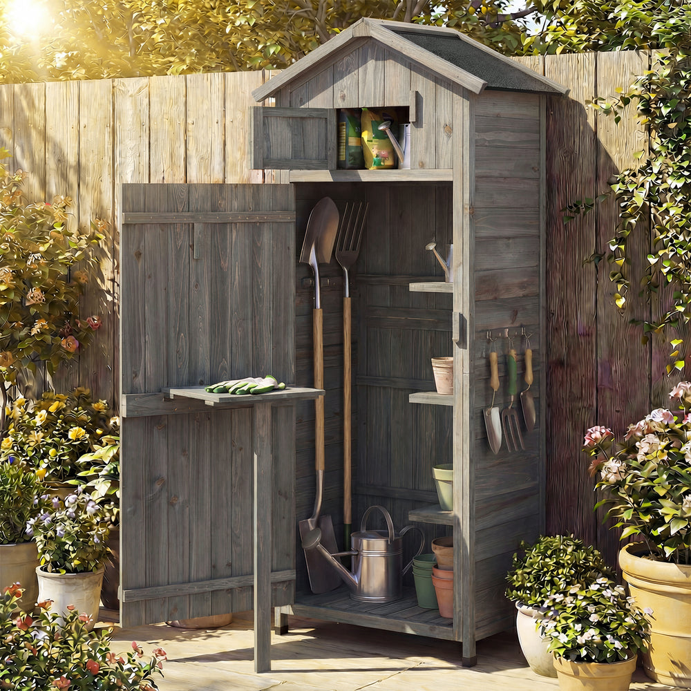 70 Inch Tall Garden Tool Storage Cabinet with Lockable Doors and Foldable Table-Grey - Gallery View 1 of 10