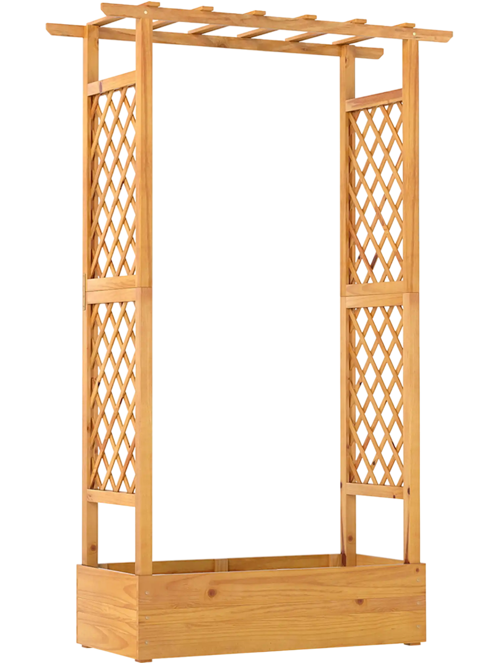 Wooden raised garden bed with lattice trellis, made from natural pine, ideal for patios and supporting climbing plants.