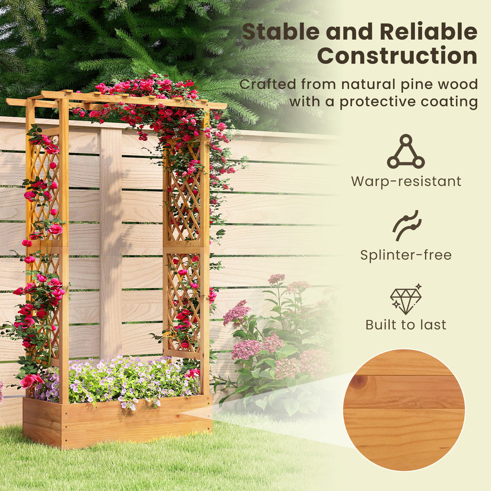 70-inch wooden raised garden bed with lattice trellis, made from natural pine wood, perfect for patios and vertical.
