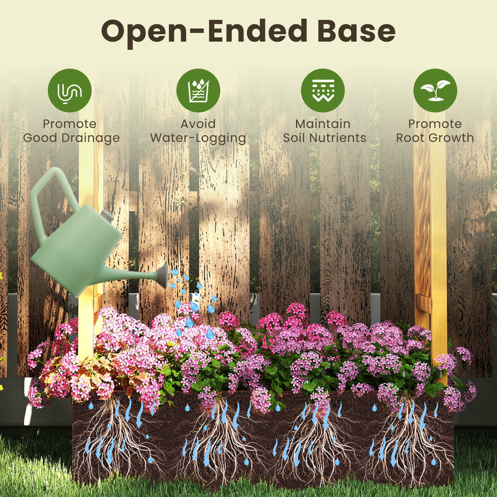 Wooden raised garden bed with lattice trellis, open-ended base for drainage, ideal for flowers and vegetables in.