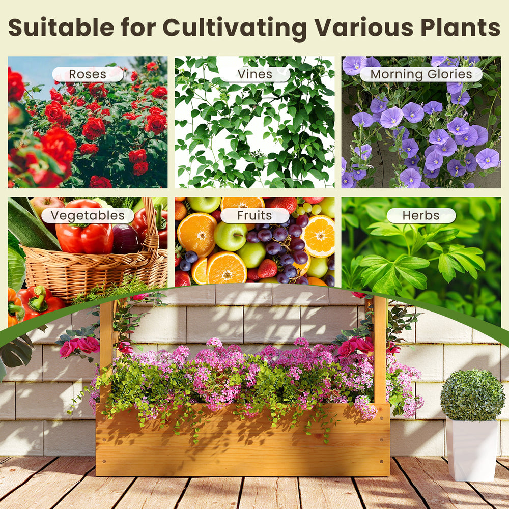 Wooden raised garden bed with lattice trellis, made from natural pine, ideal for growing flowers, herbs, and vegetables.