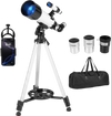 70 mm aperture refractor telescope with adjustable tripod, phone adapter, and four eyepieces for versatile viewing.