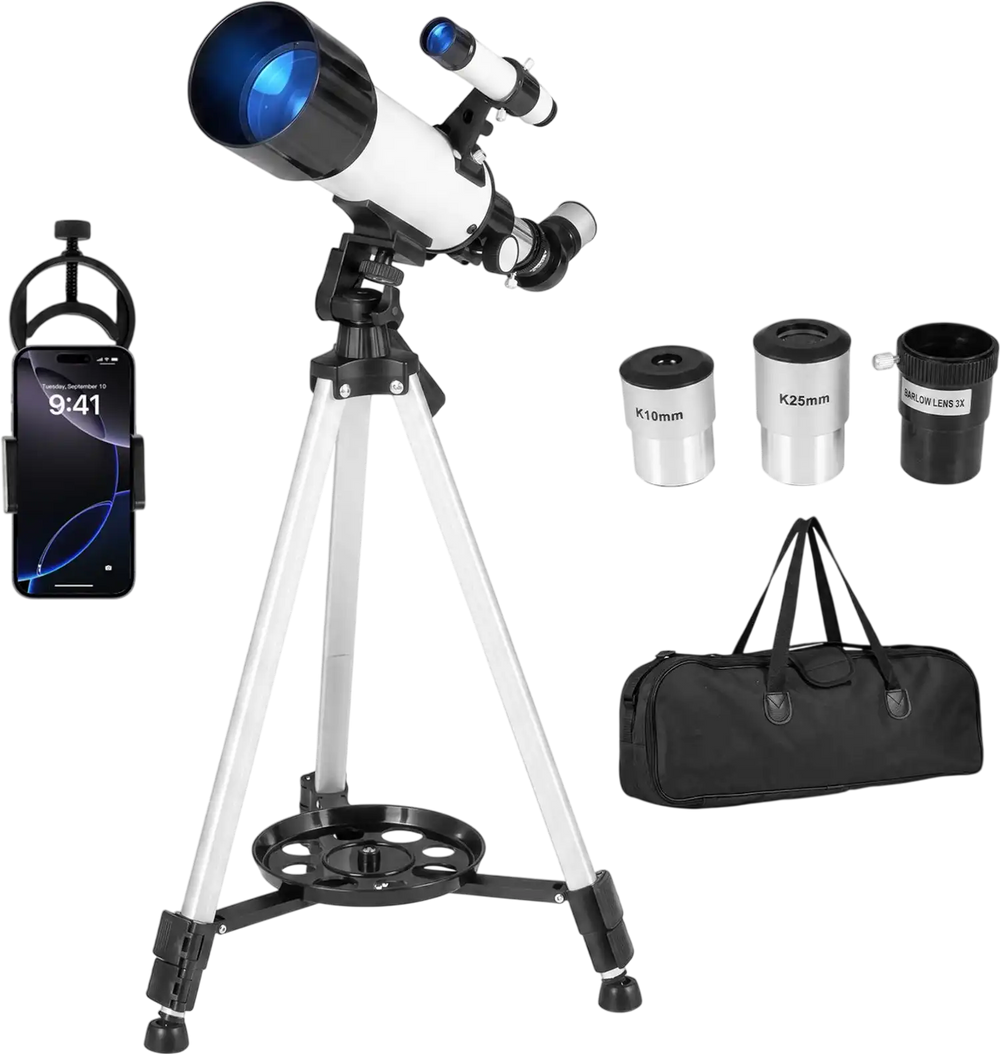 70 mm aperture refractor telescope with adjustable tripod, phone adapter, and four eyepieces for versatile viewing.