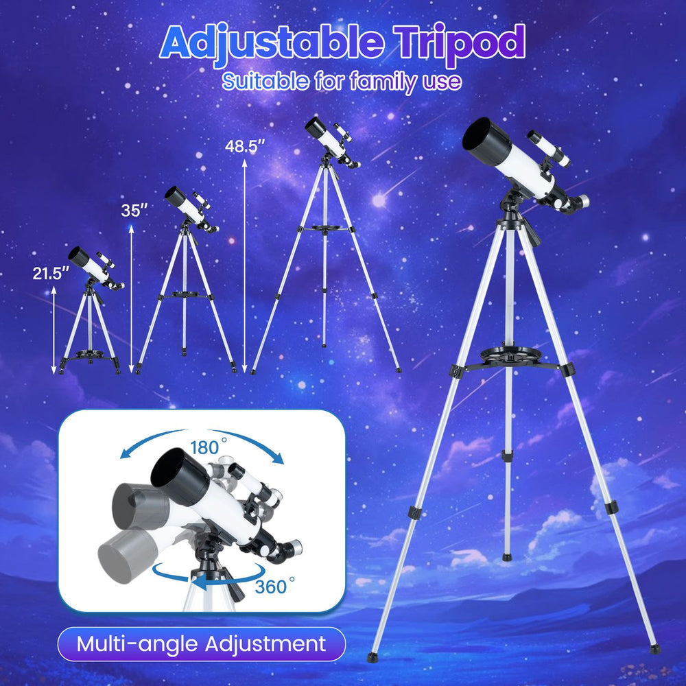 Adjustable tripod telescope with 70 mm aperture, featuring multiple magnification options for versatile family use.