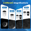 Four eyepiece options for the 70 mm aperture refractor telescope, offering magnifications from 16x to 120x for versatile viewing.