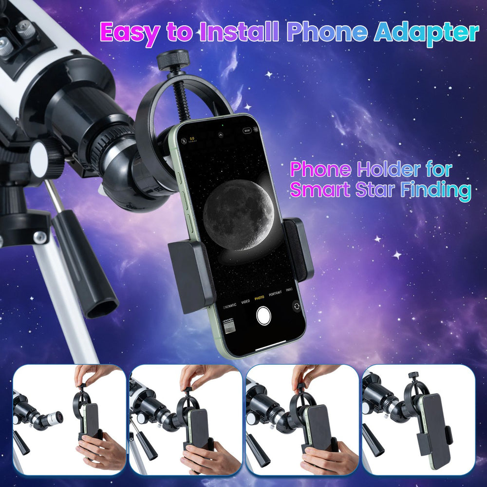 Phone holder adapter for the 70 mm aperture refractor telescope, ideal for capturing photos of the moon and stars.