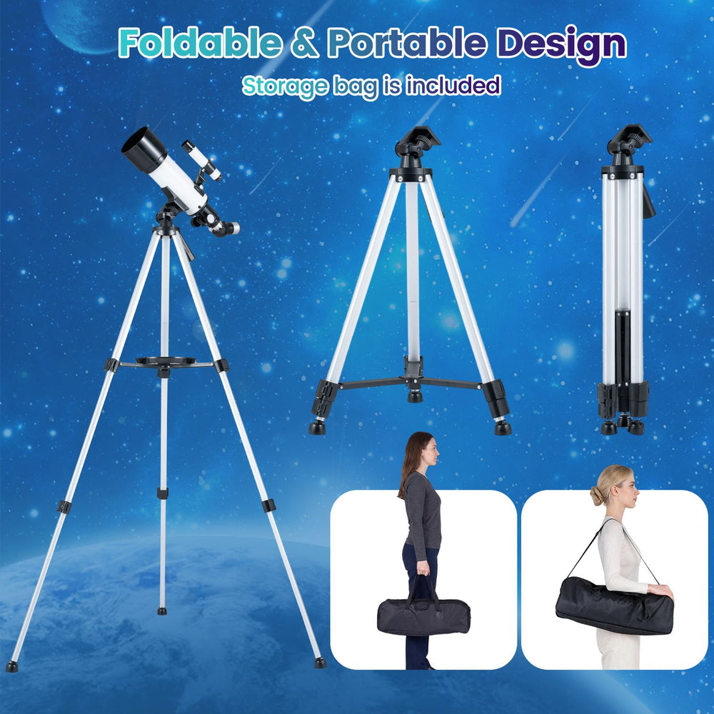 70 mm aperture refractor telescope with adjustable tripod and included storage bag, perfect for day and night observations.