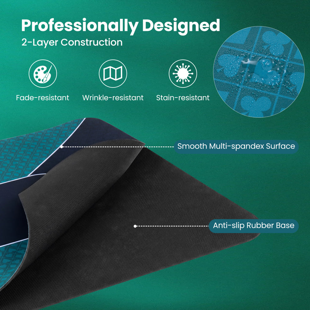 Green 70 x 35 inch poker table top with water-repellent surface, featuring anti-slip rubber base for 10 players.