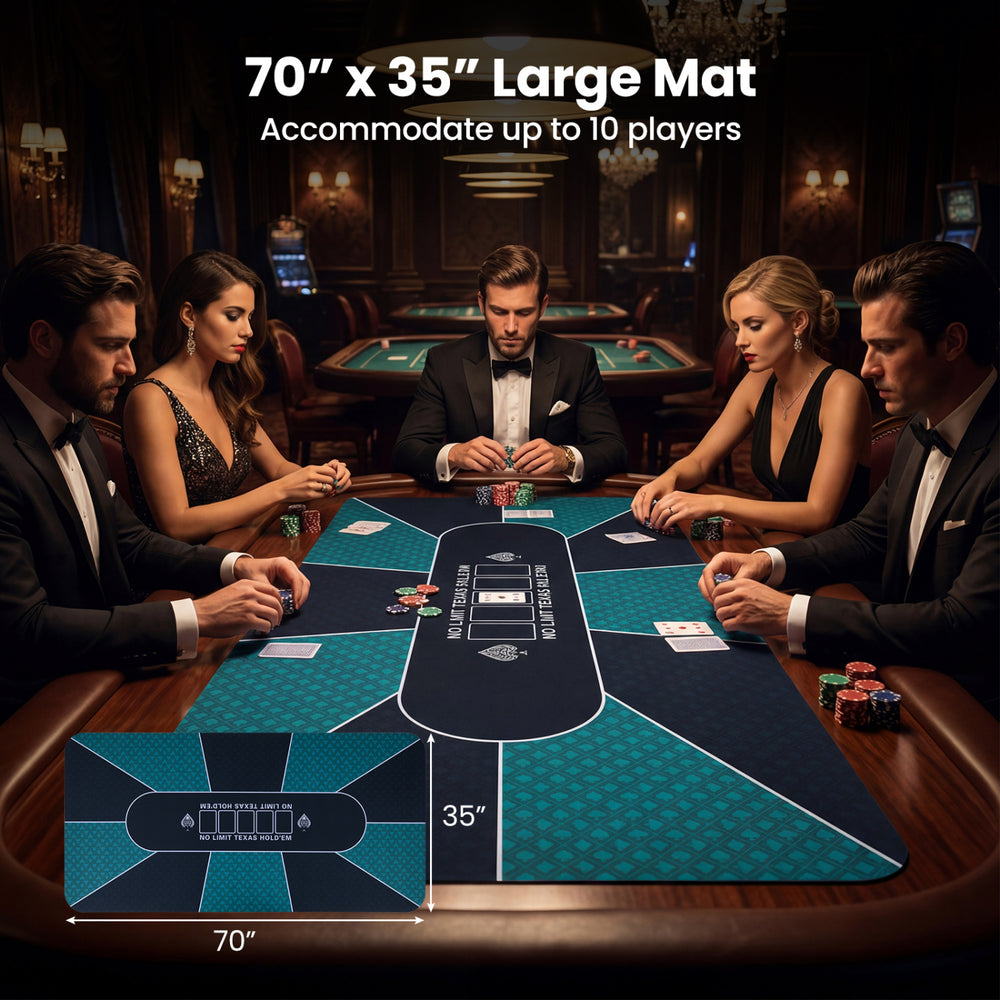 Large 70" x 35" poker table mat with water-repellent surface, accommodating up to 10 players for game nights.