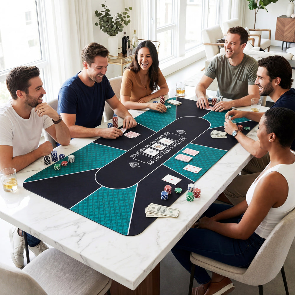 Poker table top measuring 70 x 35 inches, featuring a water-repellent surface, designed for up to 10 players.