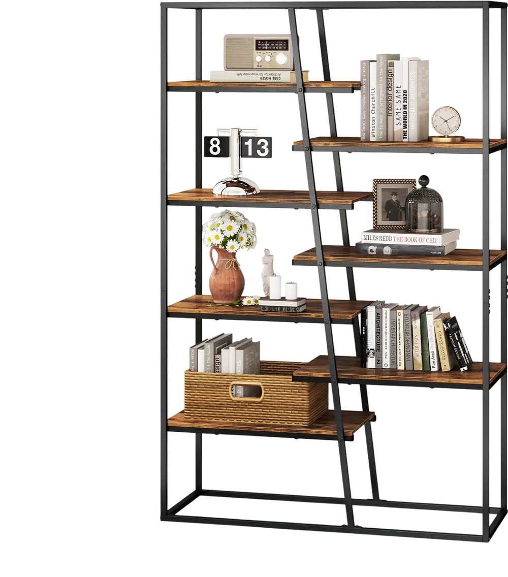 Industrial 71-inch etagere bookcase featuring a zigzag design with rustic brown shelves and a sturdy metal frame.