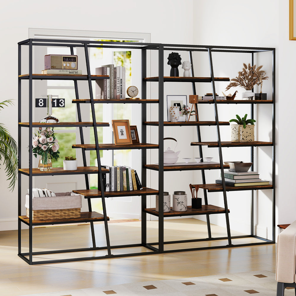 71-inch industrial etagere bookcase with 7 zigzag shelves in rustic brown, ideal for living room or office use.