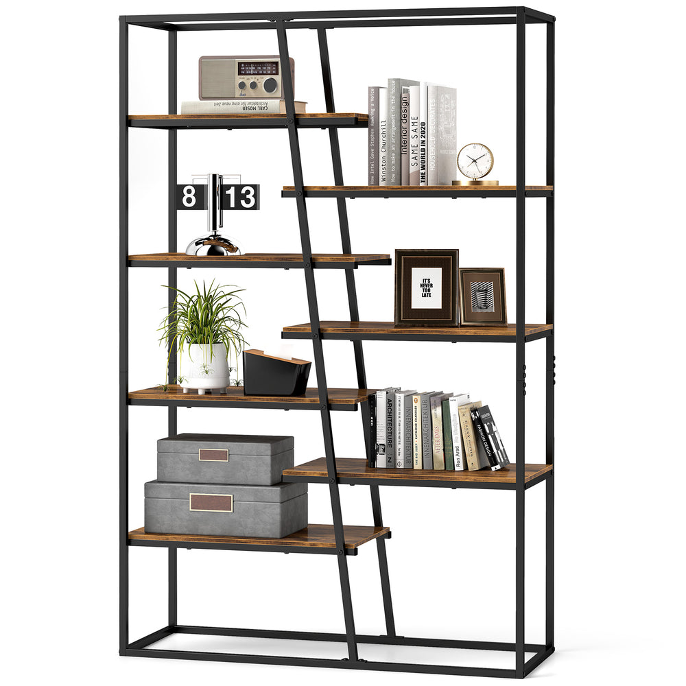 71-inch industrial etagere bookcase with 7 zigzag shelves, rustic brown finish, perfect for books and decor in any room.
