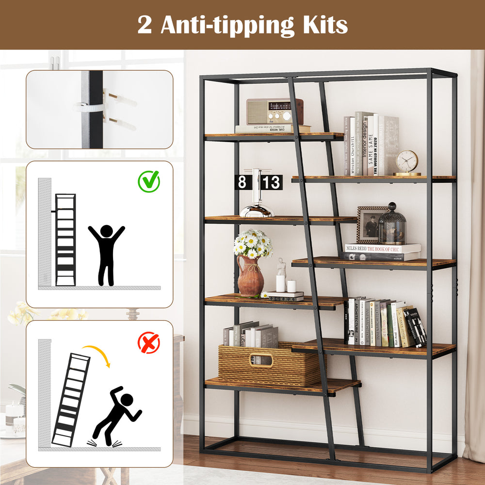 71-inch industrial etagere bookcase with 7 zigzag shelves in rustic brown, featuring a heavy-duty metal frame for.