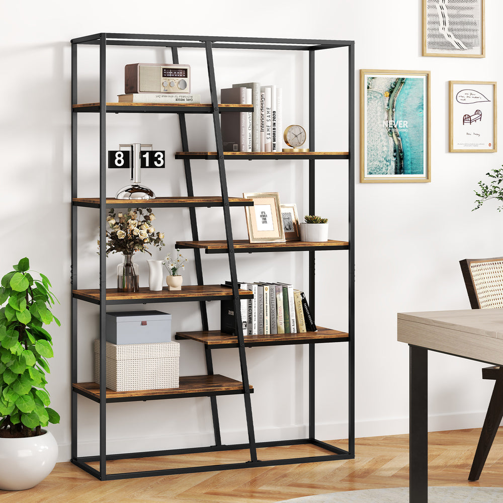 71-inch industrial etagere bookcase with 7 zigzag shelves in rustic brown, perfect for displaying books and plants.