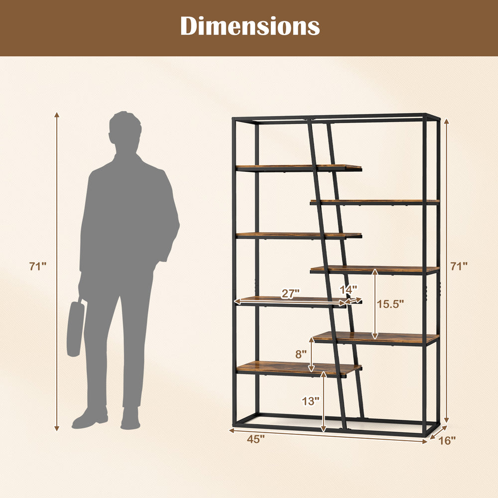 71-inch industrial etagere bookcase with 7 zigzag shelves in rustic brown, ideal for living room or office storage.