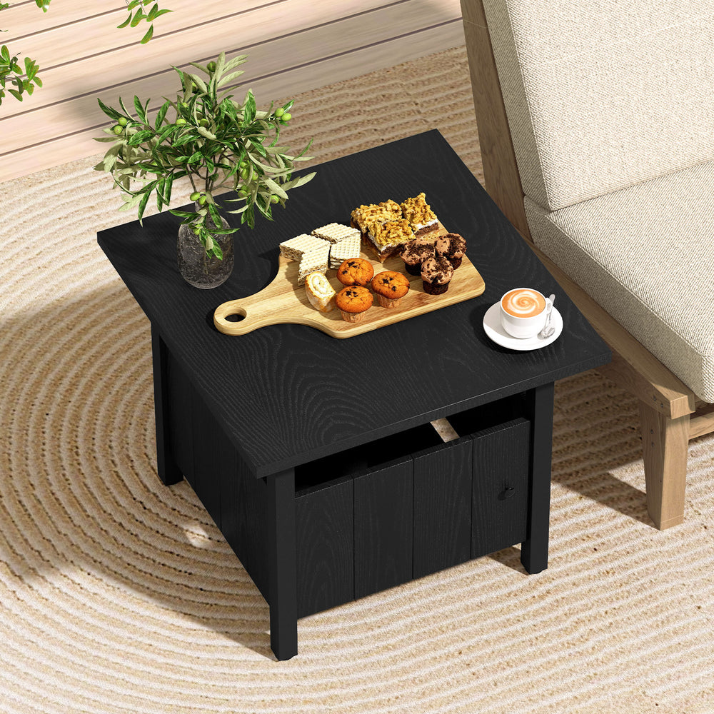 Black outdoor side table with 1.89" umbrella hole, featuring a wood-like surface and storage for patio use.